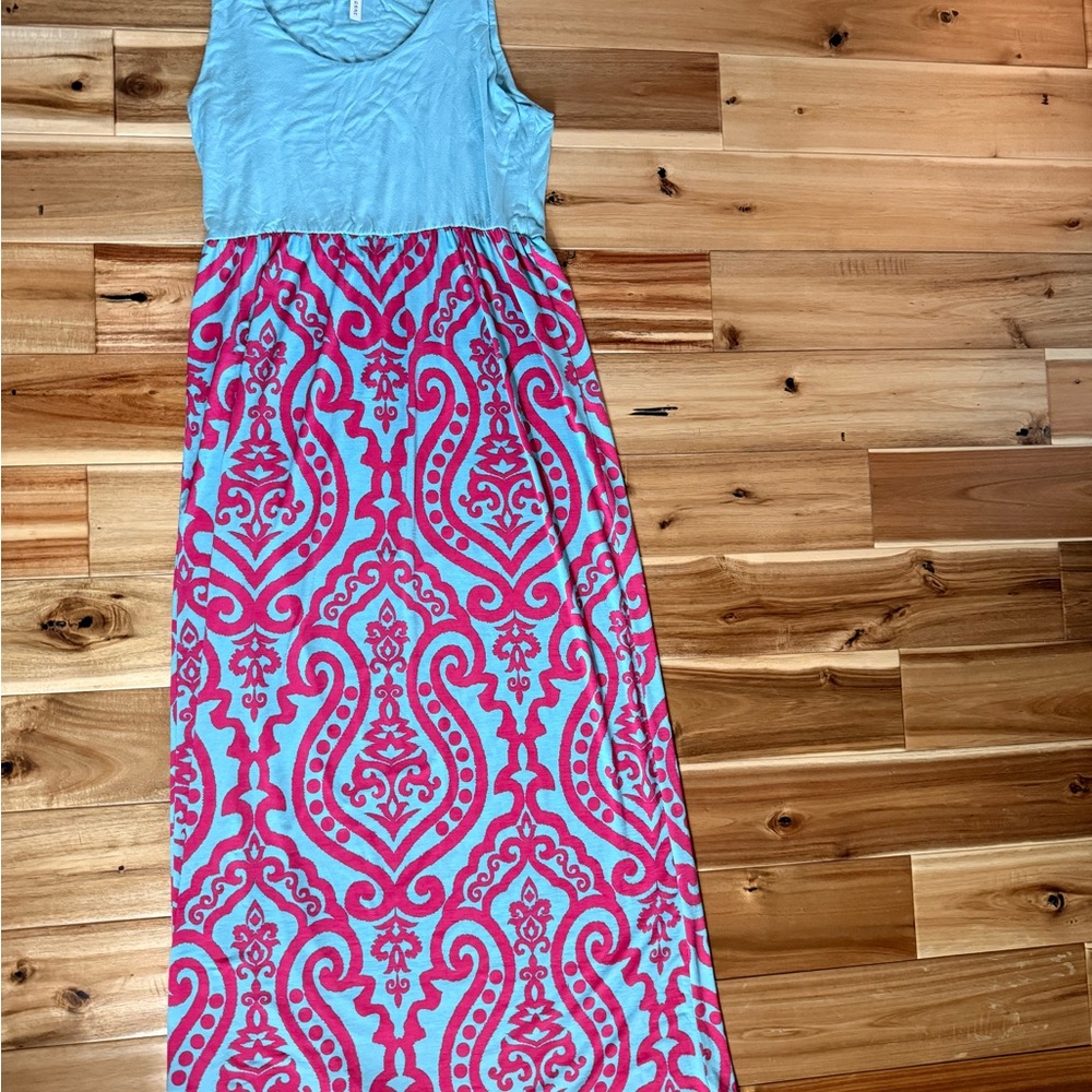 Light Blue Tank Top Maxi Dress with Pink Patterned Skirt